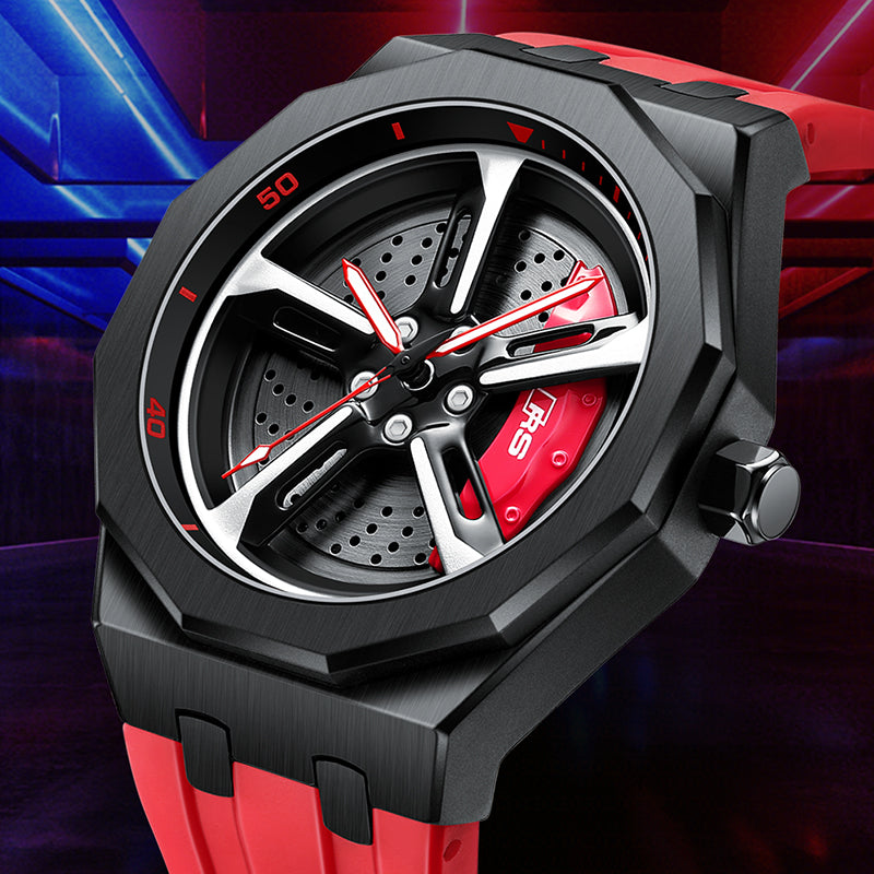 RS-7 Gyro Black Polygon Case Red Caliber/Red Rubber Strap EmpireLuxe
