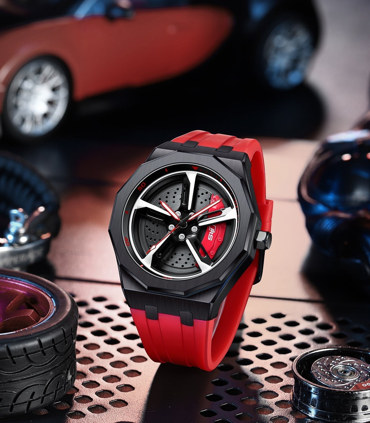 RS-7 Gyro Black Polygon Case Red Caliber/Red Rubber Strap EmpireLuxe