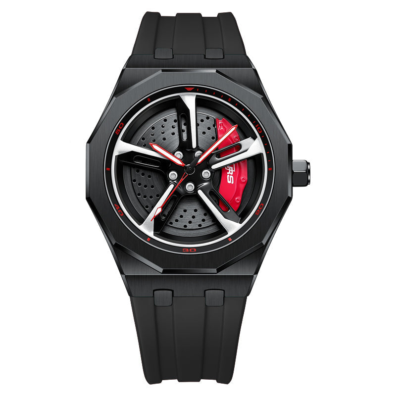 RS-7 Gyro Black Polygon Case Red Caliber/Black Rubber Strap EmpireLuxe